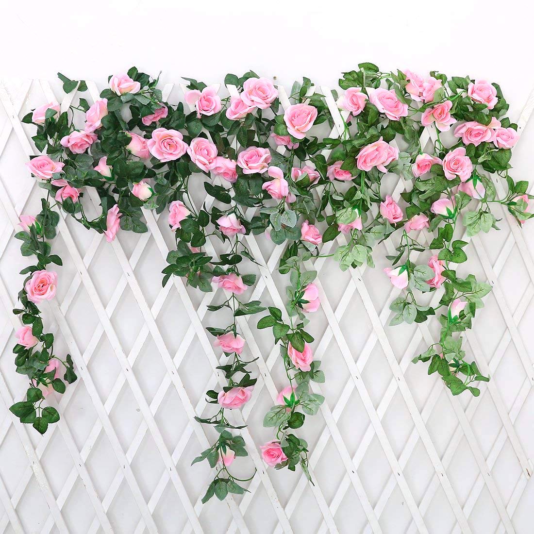JUSTOYOU 2 Pack 7.2ft Artificial Fake Rose Garland Vines Hanging Silk Flowers for Outdoor Indoor Wedding Wall Badroom Decoration (Pink)