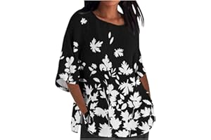 DOVFORD Linen Tops for Women 2024 Oversized Summer Shirt 3/4 Length Sleeve Tshirt Loose Casual Print Tee Trendy Ladies Blouse