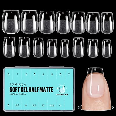 TOMICCA Coffin Shaped Short Nail Tips 360Pcs Half Matte Full Cover Clear