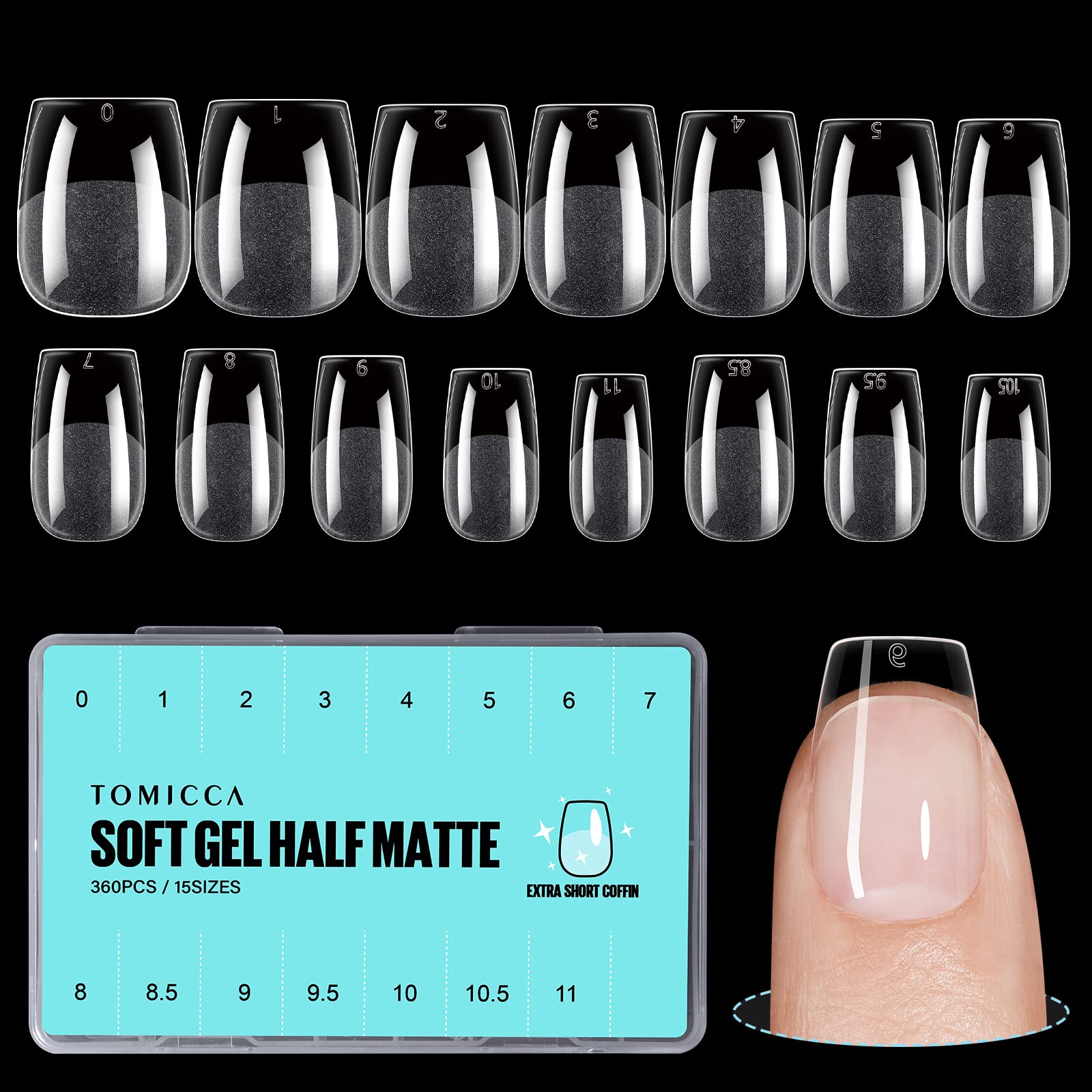 TOMICCA Coffin Shaped Short Nail Tips - 360PCS Half Matte Soft Gel, No File Needed- Full Cover False Nails, Clear Acrylic & Strong Tips for Press On Extension - 15 Sizes — image 1