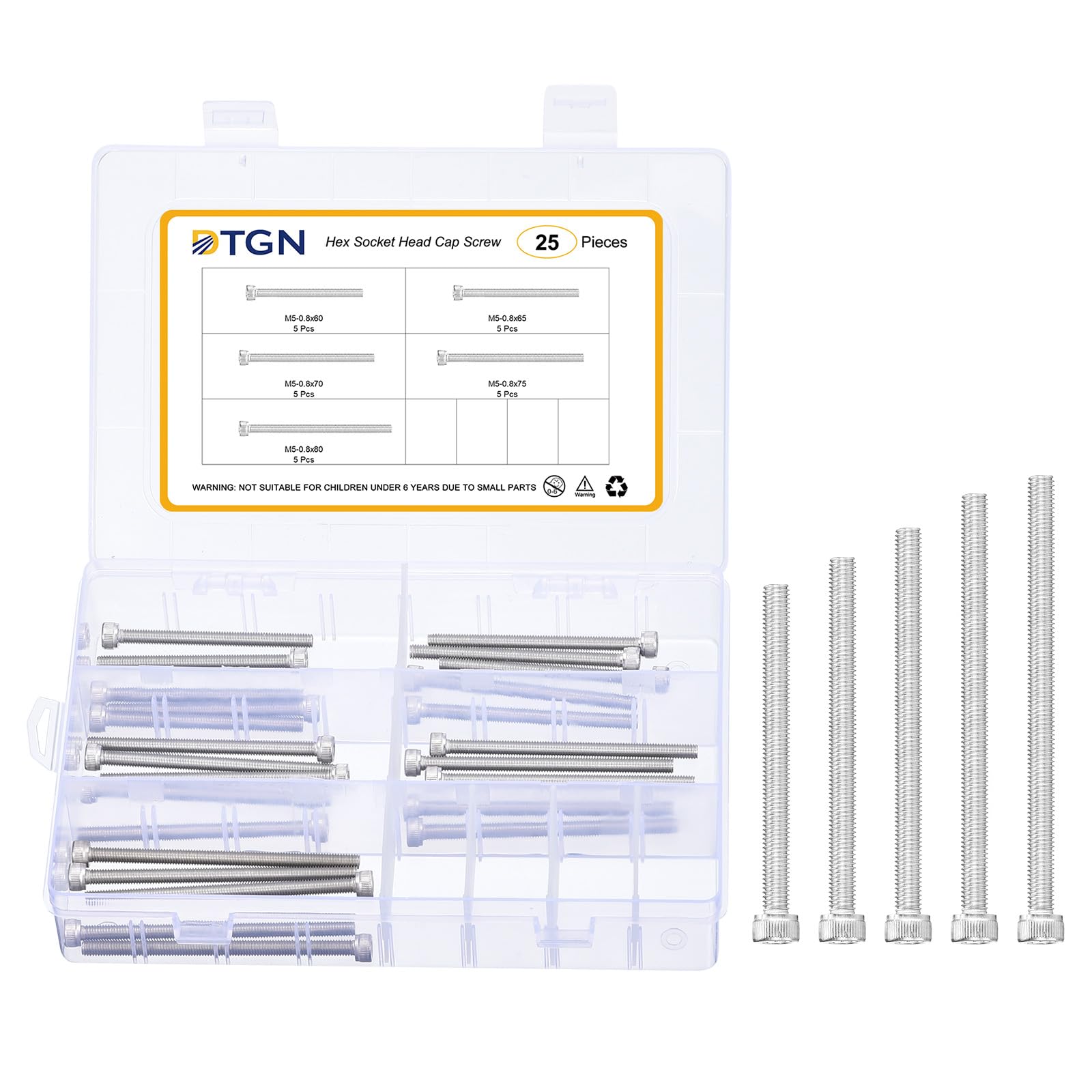 DTGN M5x0.8x60/65/70/75/80 Hex Socket Head Cap Screws Blots Assortment Kit - 25Pack - Good for Mountain Bike, Auto, Motorcycle - 304 Stainless Steel Machine Screws Bolts - Silver