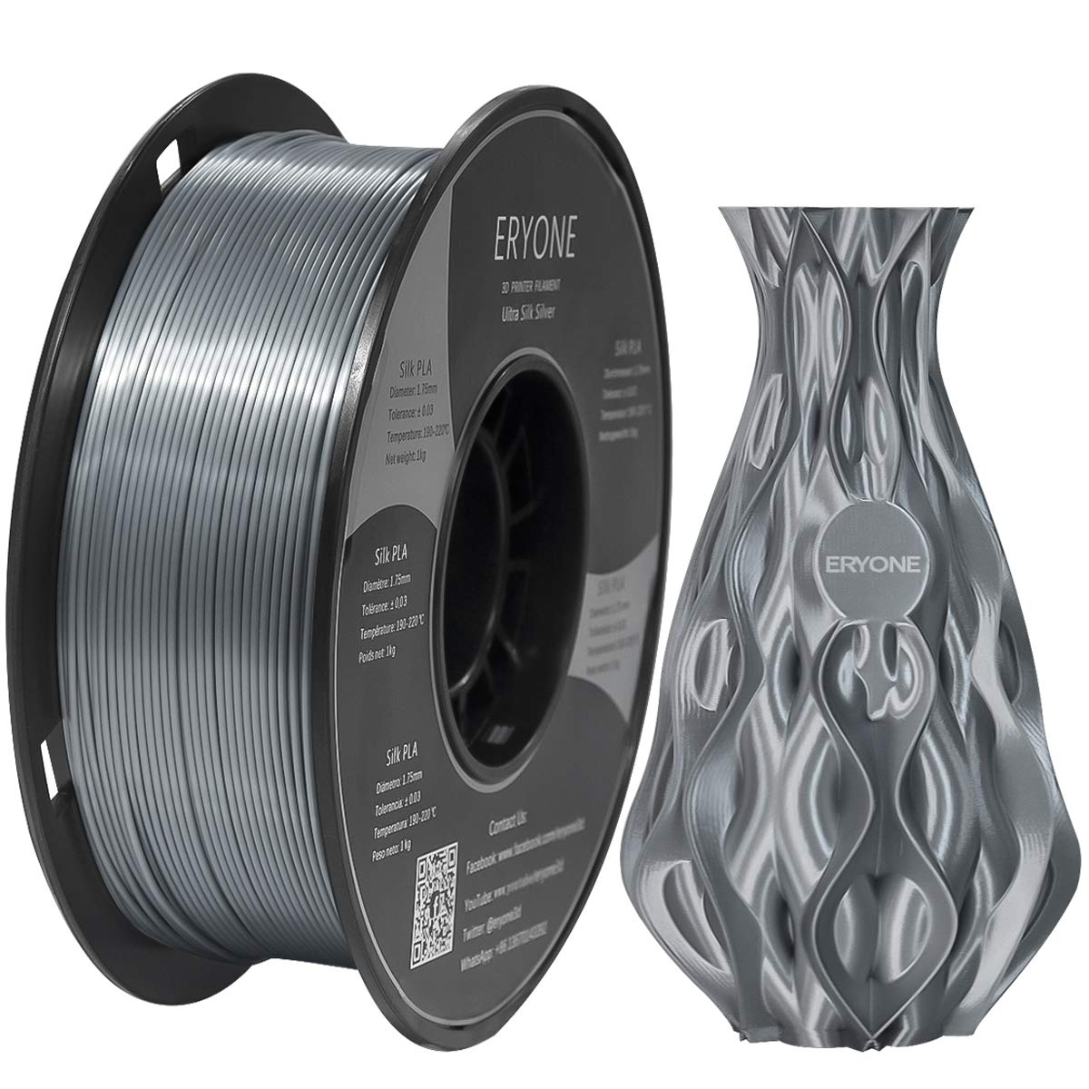 Eryone Ultra Silk PLA 3D-Druckerfilament 1,75 mm, Maßgenauigkeit +/- 0,05 mm, 1 kg/Spule, Silver
