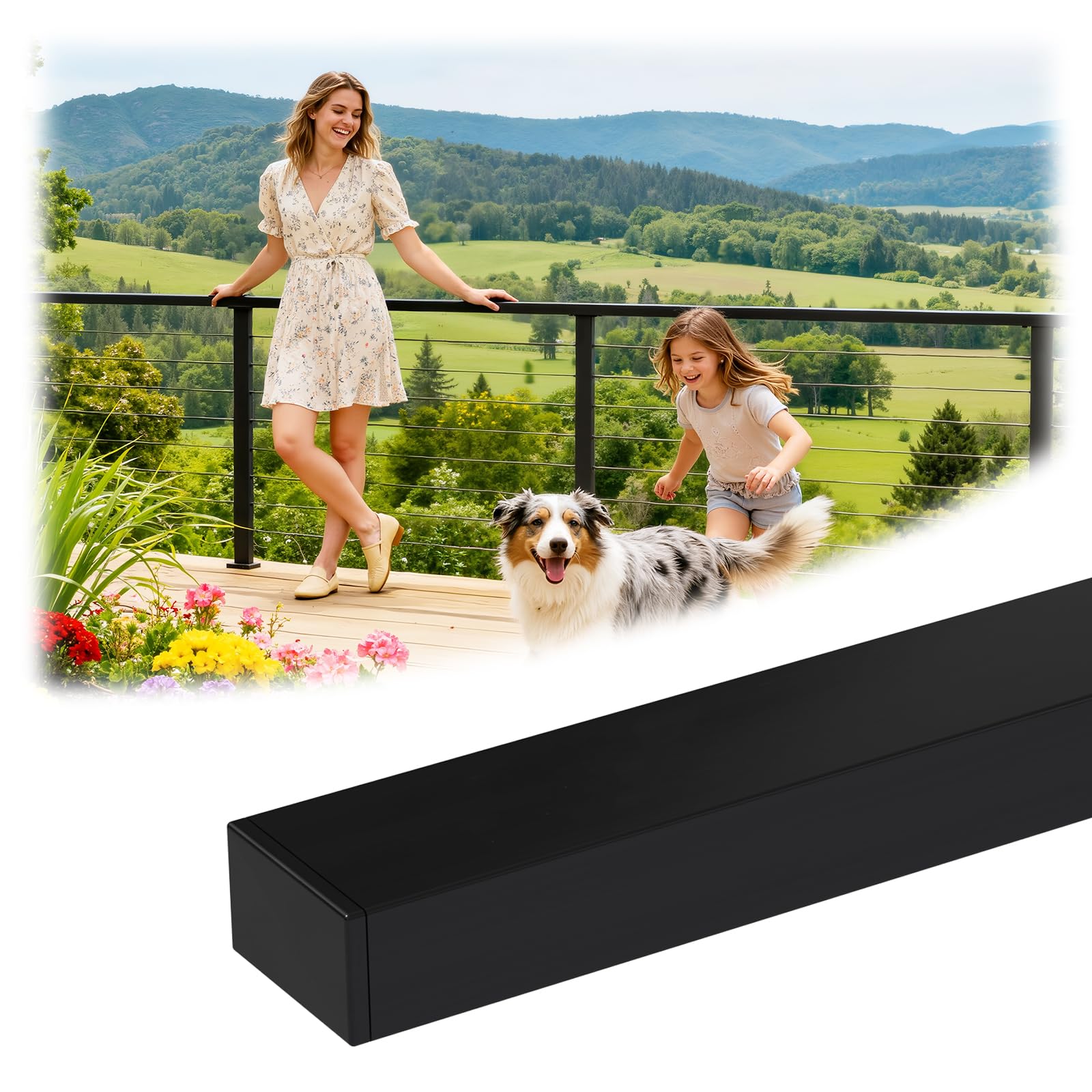 Photo 1 of **RAIL ONLY. SCRAPES. DENT**Zylorix 1Pack 10FT Stainless Steel T304 Black Handrail, 2" W x 1" H Rectangular Cuttable Handrail with End Cap Screw, Flat Top Rail for Indoor Outdoor Deck Stair Cable Railing System Post Kit