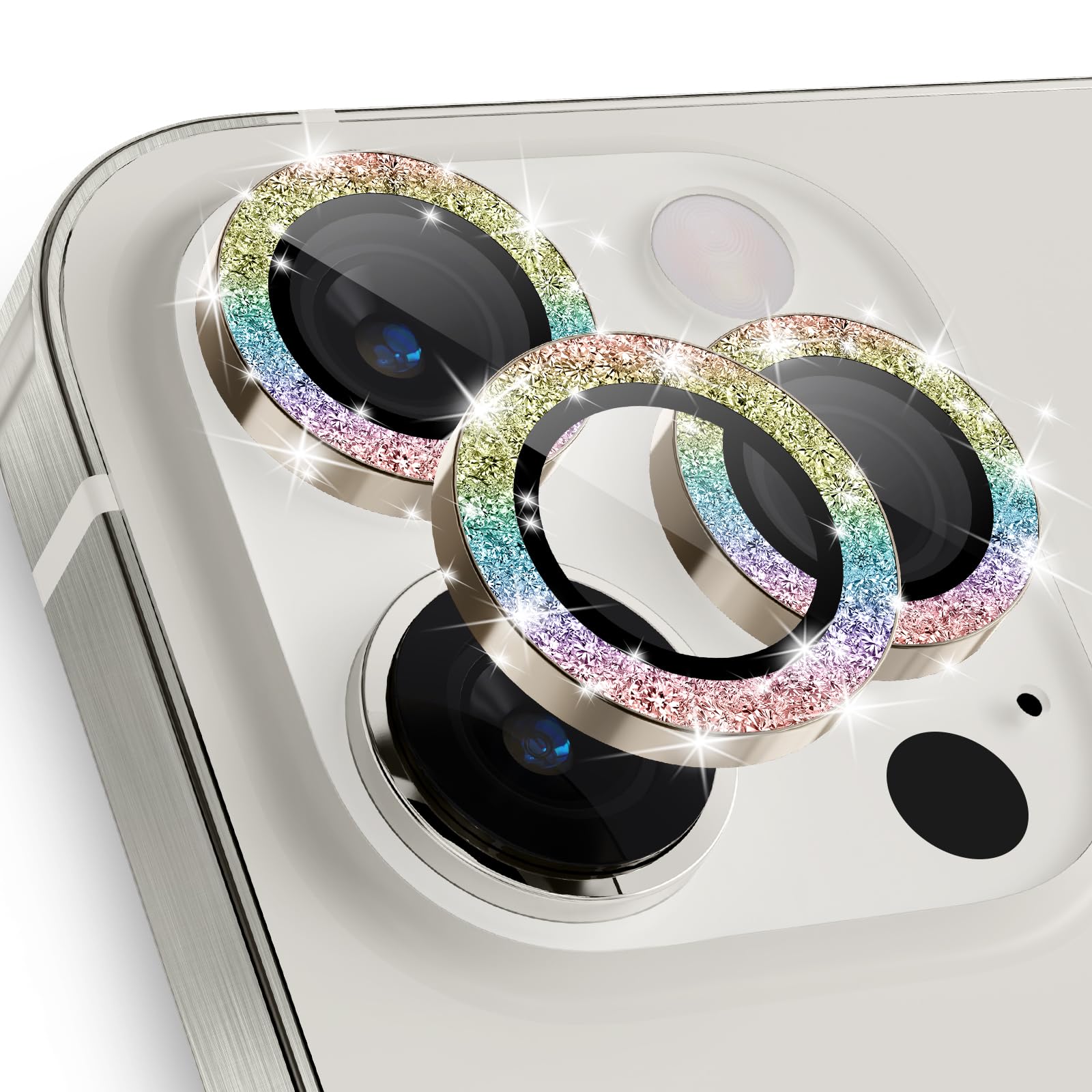 imluckies for iPhone 15 Pro - iPhone 15 Pro Max Camera Lens Protector Bling, HD Clear Aluminum Alloy Individual Ring, 9H Tempered Glass Camera Back Screen Protection Film, Glitter Colorful