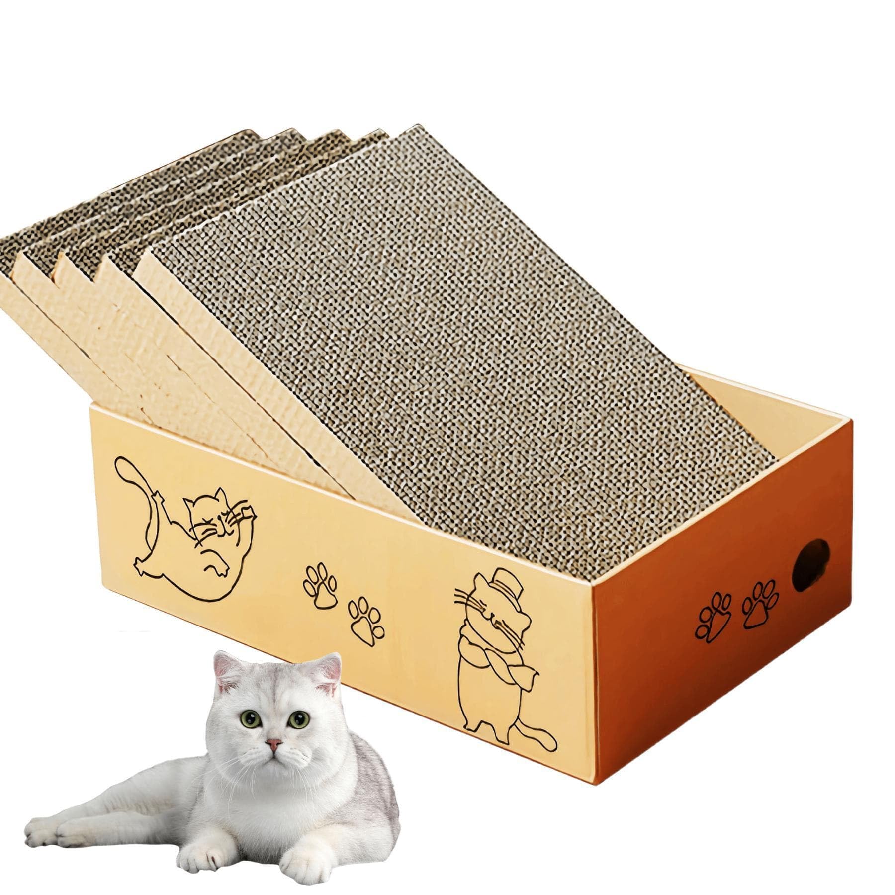 Cat Scratching Board with Box, 42 x 26 cm 5 Layers Design Cat Scratching Pad, Reversible Cat Scratcher Cardboard Lounge Bed, Corrugated Cardboard Scratcher for Indoor Kitty
