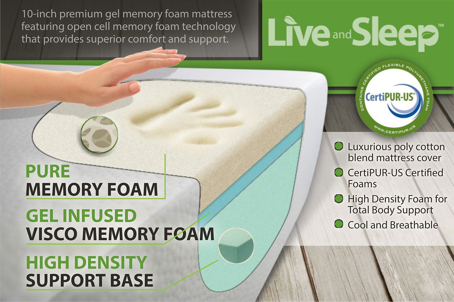 Pure Memory Foam Mattress, Gel Infused Visco Memory Foam, High Density Support Base , Certi-PUR Certified