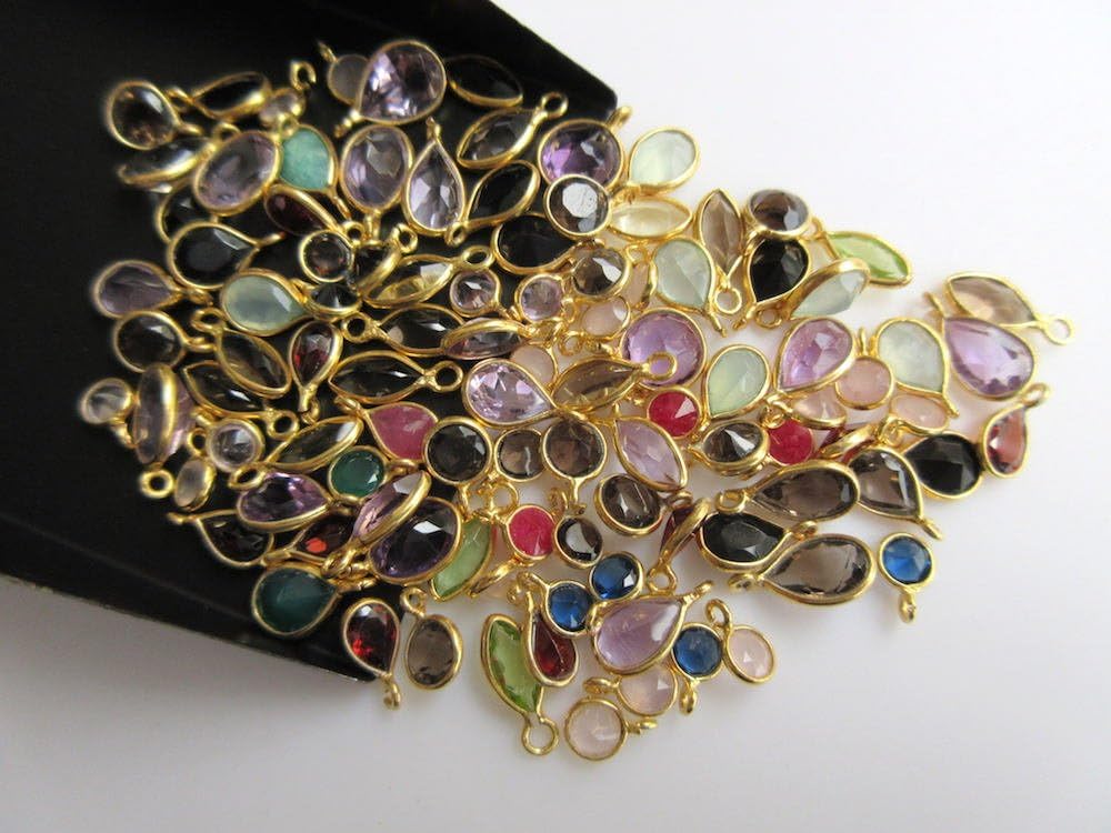 20 Pieces Multi Gemstone Cabochon Connectors, 925 Sterling Silver Vermeil Gold Bezel Connectors, GDS891 (Gold Plated)