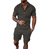 BIRW XL Dark Green Mens Short Sets 2 Piece Outfits Fashion Summer Tracksuits Casual Set Polo Shirt Short Sleeve and Shorts Set