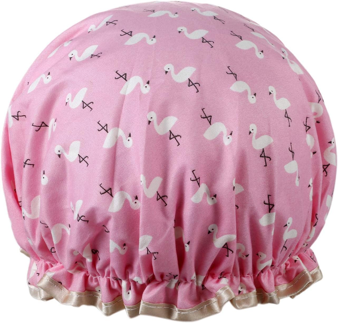 vtremShower Cap Lined Double Layer Waterproof Hair Bath Caps with Lace Elastic Band Lovely Pink Flamingo Pattern Reusable Bathing Hat for Women All Hair Lengths and Thicknesses