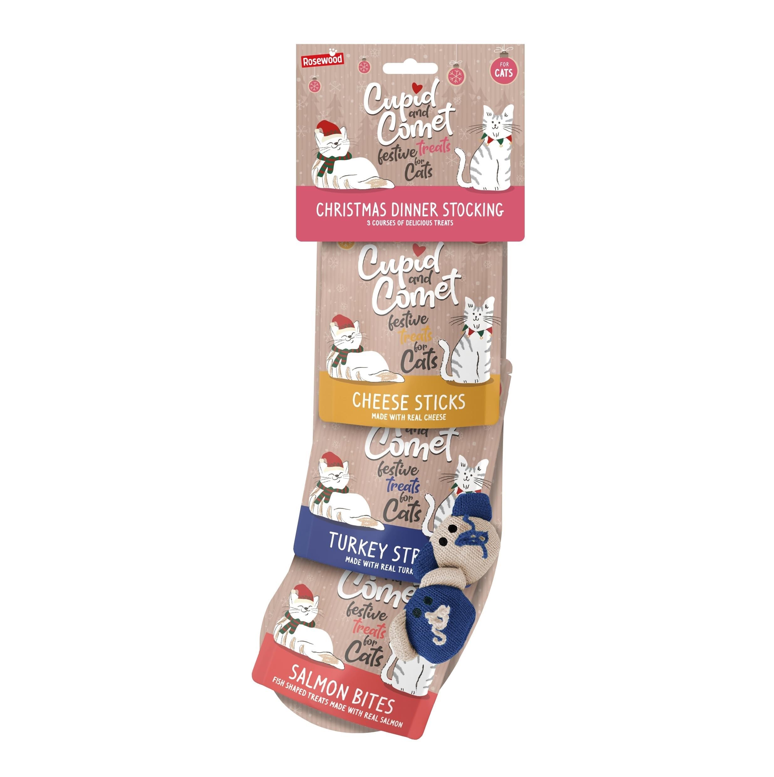 Rosewood Cupid & Comet Christmas Dinner Cat Stocking, Cat Treats & Catnip Mice Toys