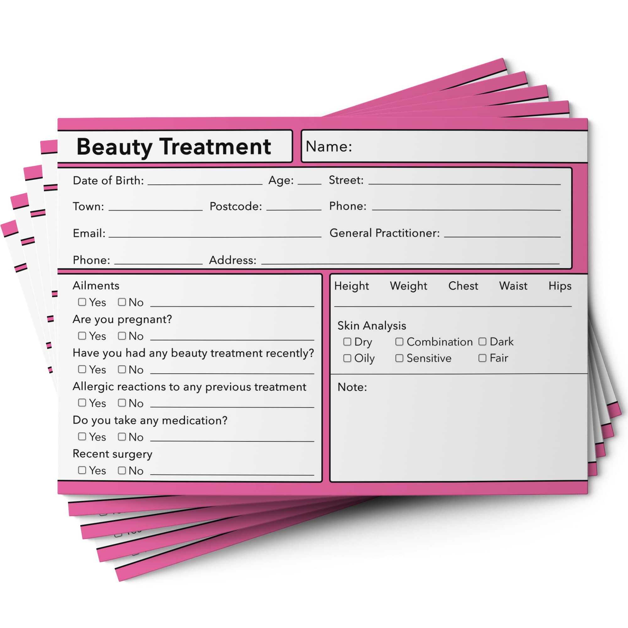 Beauty Client Card GDPR A6 Size - Salon and Therapist Customer Consultation Record - Treatment Services Essentials - Profile and Recording Forms - Beauty Stationery - 105x148mm - Pack of 50