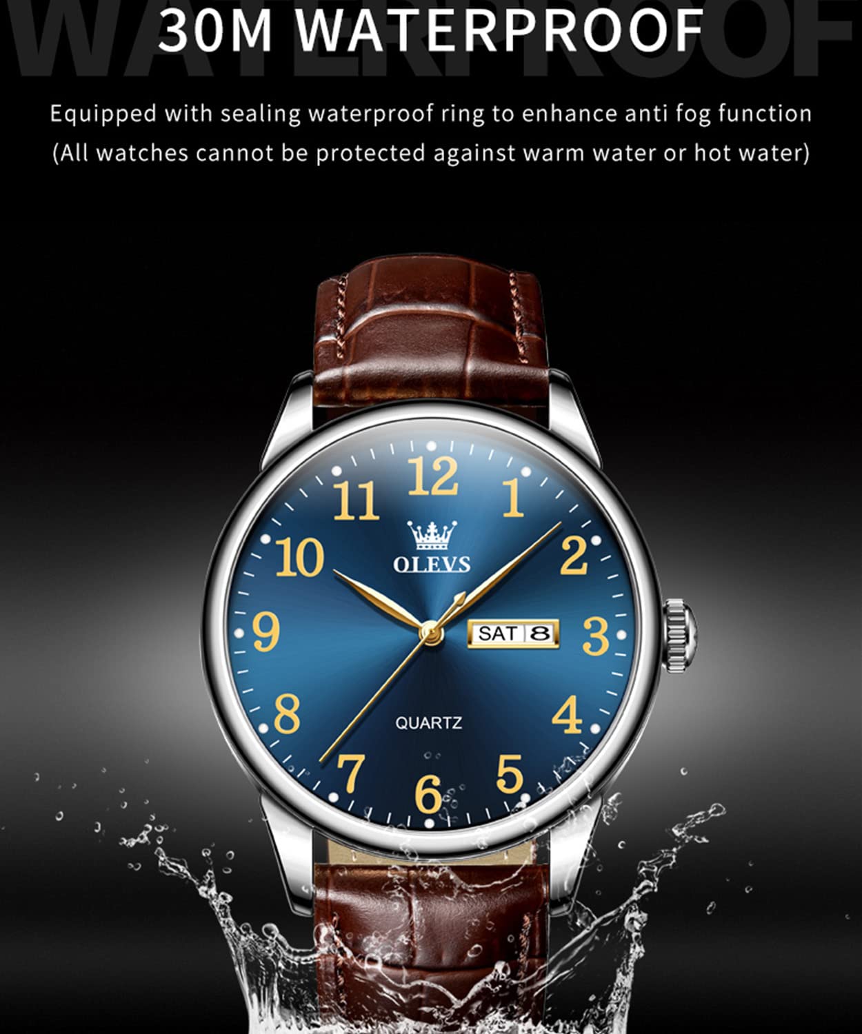 OLEVS Mens Watches with Leather Band Dress Vintage Classic Easy Reader Arabic Numerals Analog Quartz Waterproof Date and Day Blue/Black/White Large Face Men's Wrist Watches