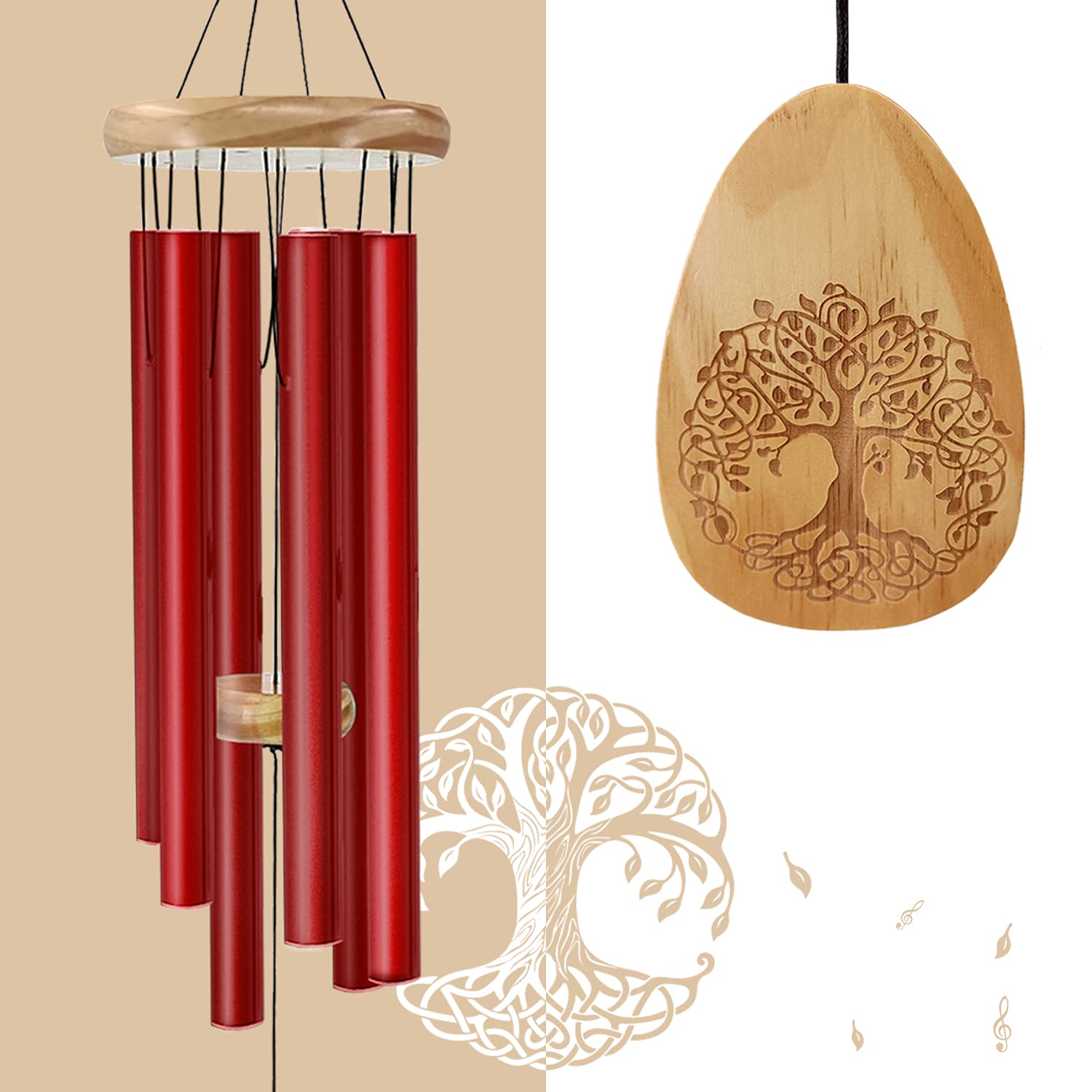 Astarin Windchimes Outdoors With Engraved Lifetree, 30 Inch Memorial for Outside, Sympathy for Loved One, Mother - Red