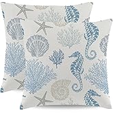 Coastal Throw Pillow Covers 16 x 16 Inch Set of 2 Summer Ocean Themed Pillow Covers Beach Seashell Starfish Seahorse Pillow Cases Linen Square Cushion Cover for Home Couch Sofa Bedding Decor