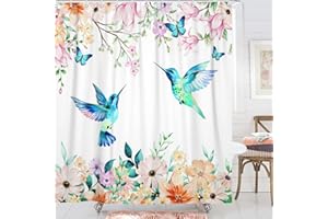 Caheansi Hummingbird Floral Shower Curtain, Spring Watercolor Flowers Blossom with Leaves Butterflies Plants Bathroom Curtain Waterproof Fabric Machine Washable with Hooks, 72" Wx72 L