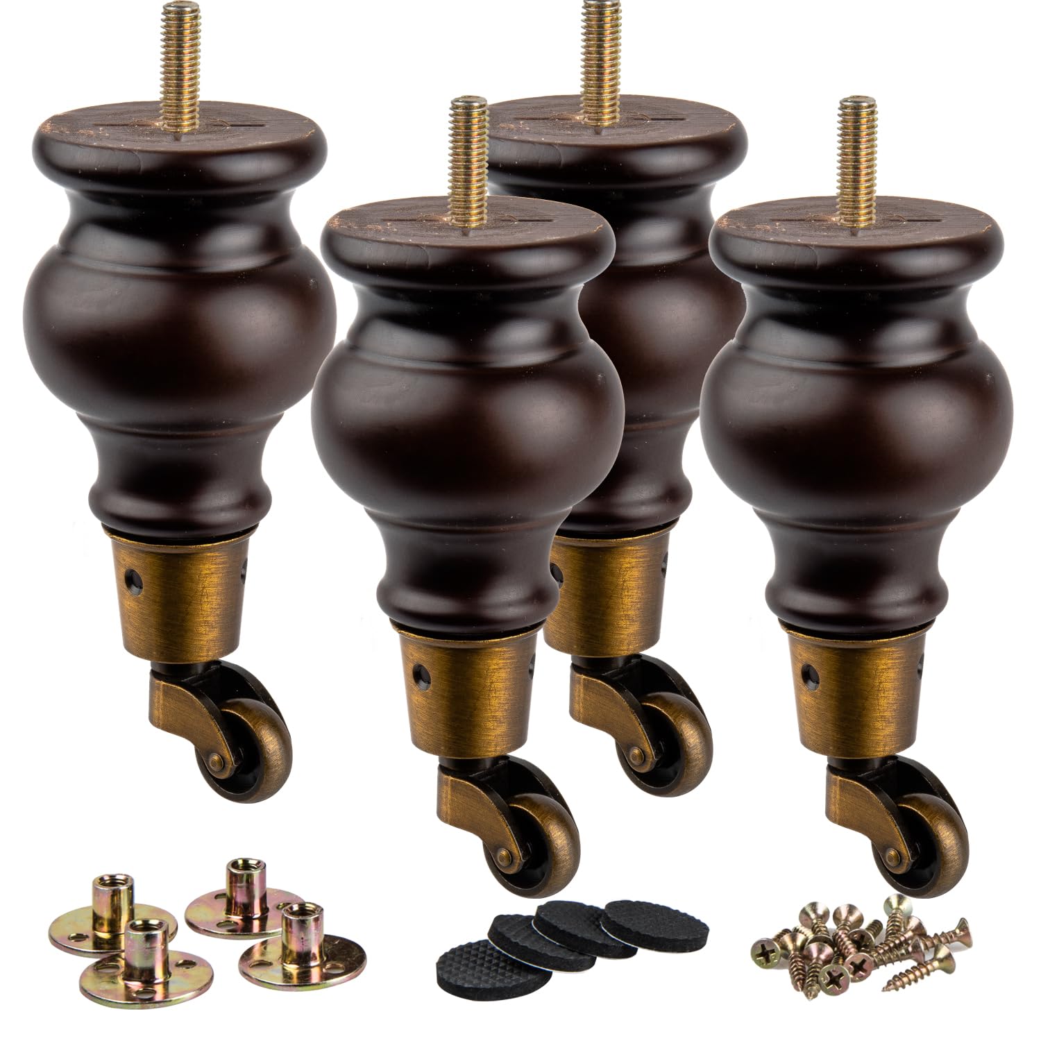 La Vane 6.5 inch Wooden Furniture Legs with Castor, 4PCS Soild Wood Walnut Turned Replacement Bun Feet with Pre-Drilled M8 Inch Bolt & Mounting Plate for Armchair Ottoman Recliner Chair Footstool — image 1