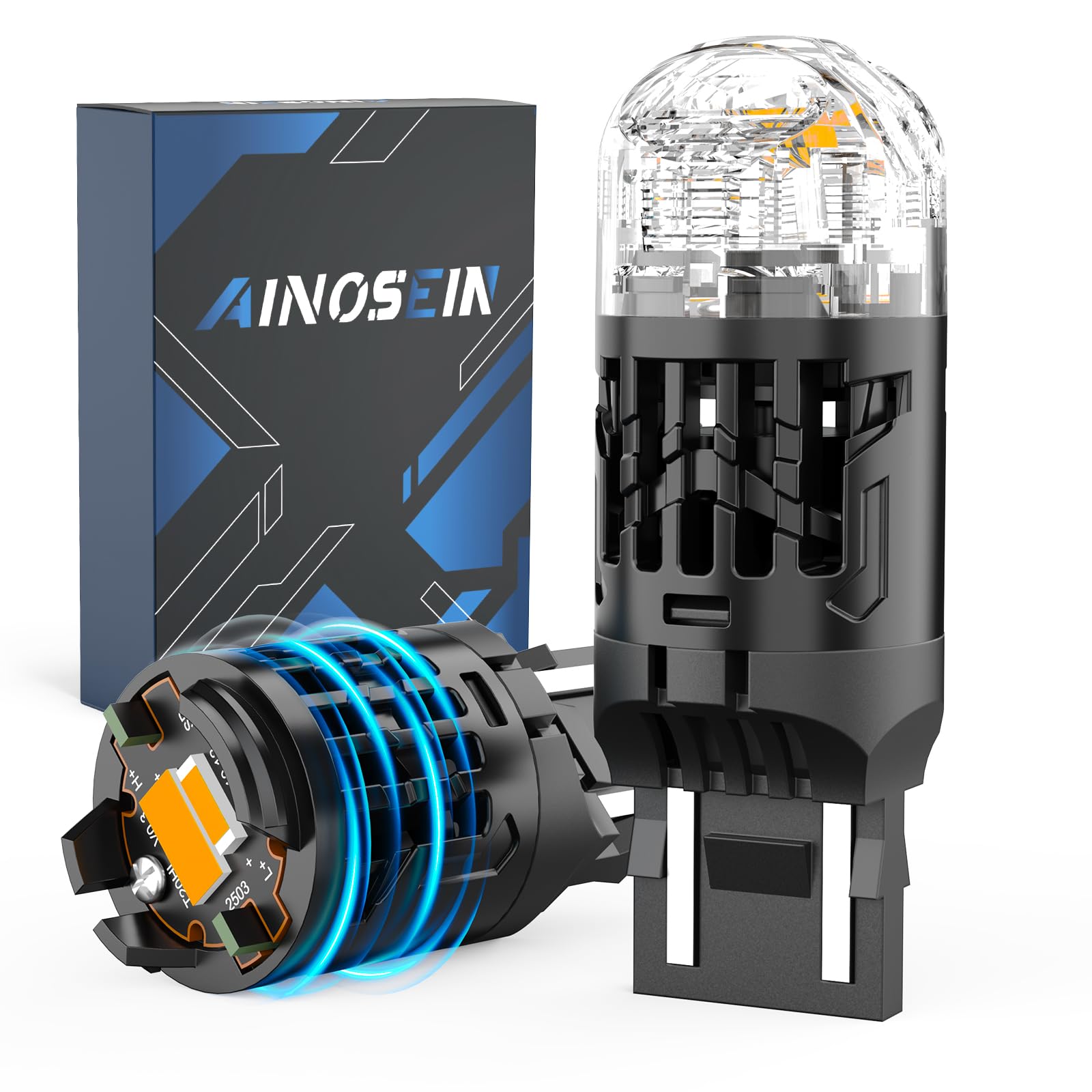 Photo 1 of AINOSEIN 7443 LED Bulb Amber - 12000RPM Turbo Fan Cooled Turn Signal, 12V CANBUS Ready with Built-In Resistor, 7443/7440/T20 Compatible, Plug and Play, 2 Pack