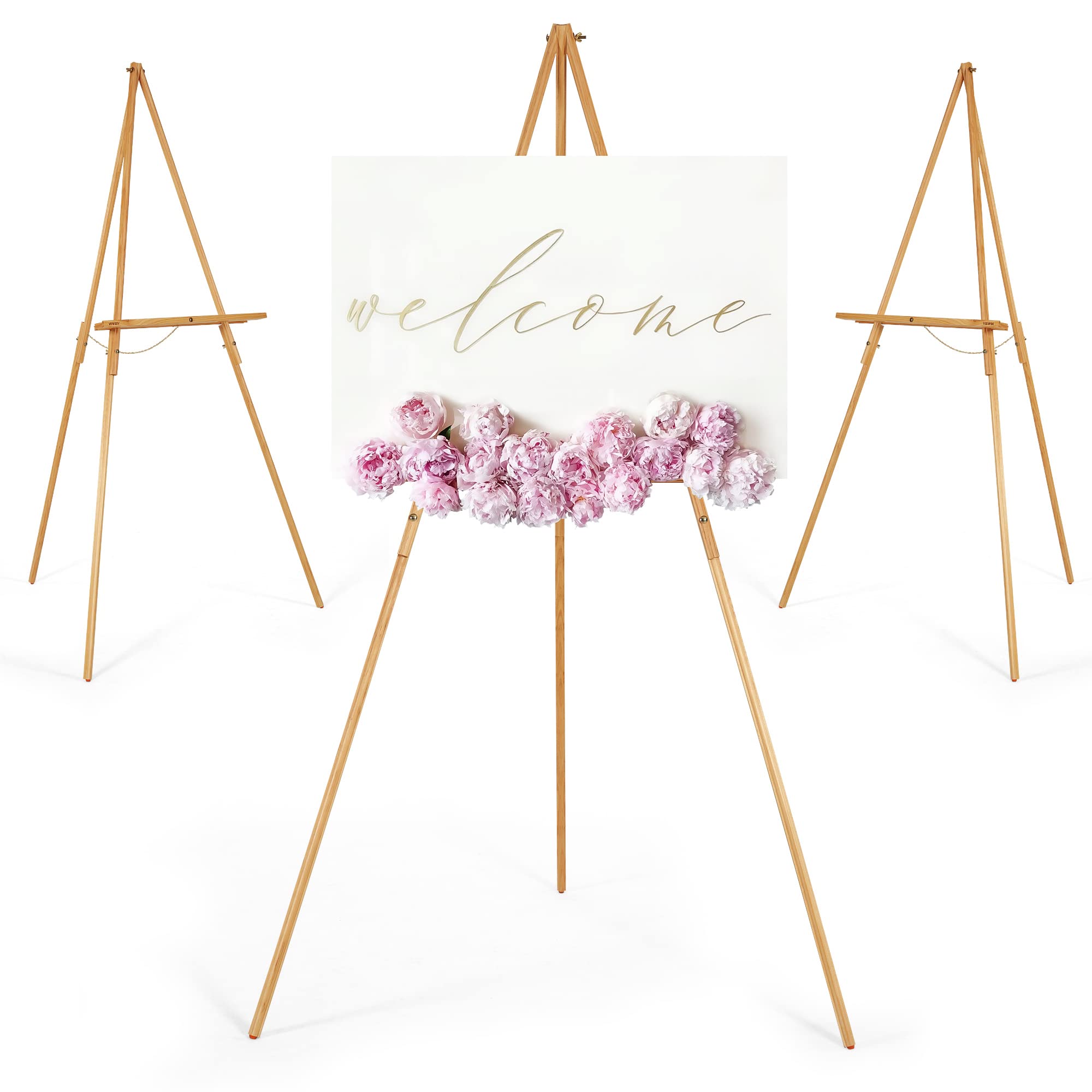 VISWIN 3Pcs 63" Natural Easel Stand for Wedding Signs, Adjustable Wooden Display Easel with Holder, Tripod Floor Easel for Welcome Board, Poster, Picture, Photos, Paintings
