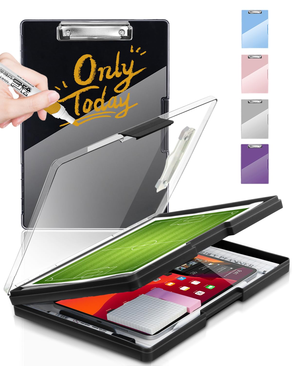 Photo 1 of Clearview Clipboard with 2 Storage, Dry Erase 8.5x11 Heavy Duty ClipBoards - High Capacity Coaches Clip Board with Pen Holder - Side Opening Plastic Nursing Clip Case - Black