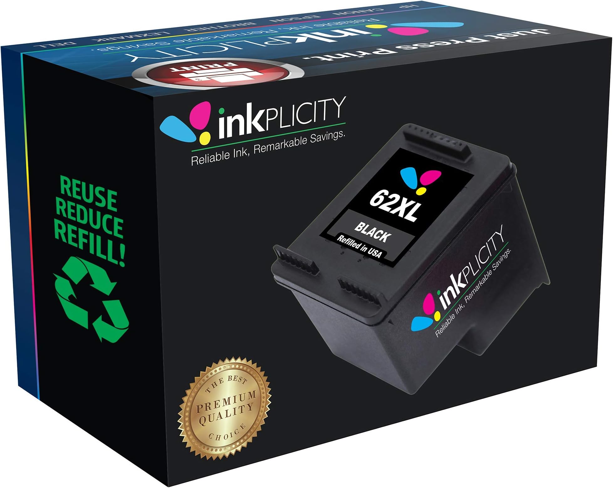 Inkplicity Refilled Ink Cartridge Replacement for HP 62XL (Black)