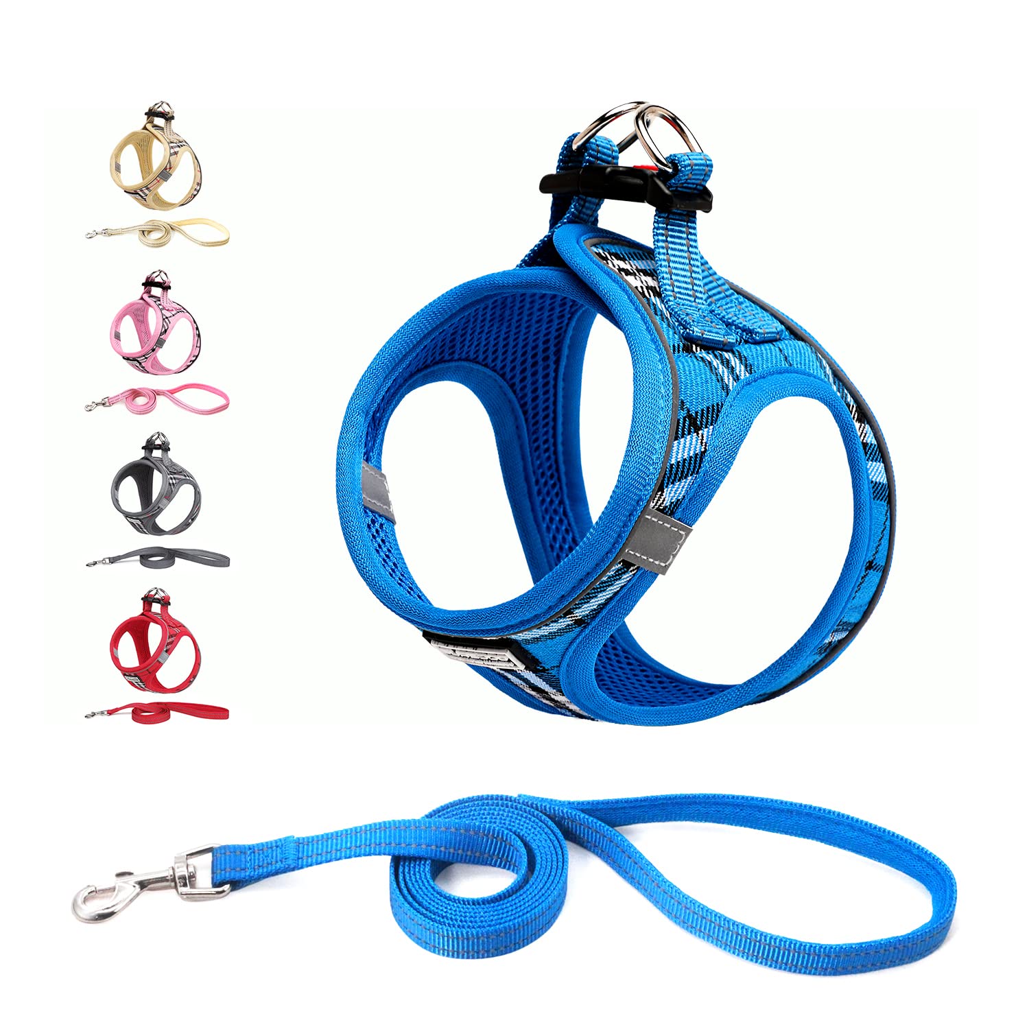 Suredoo Dog Harness and Lead Set, Step-in Breathable Reflective Puppy Cat Dog Vest Harnesses for Small Dogs (XXS, Blue Plaid, Chest: 22-24cm)