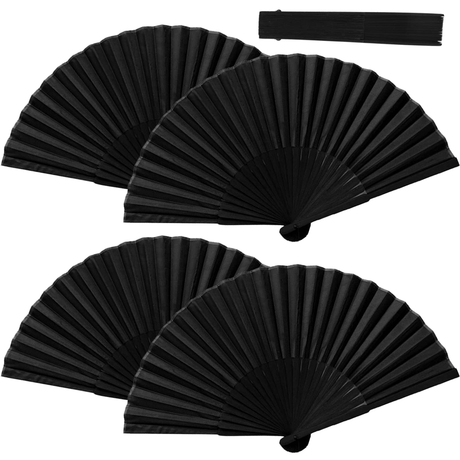 Karjiaja4 Pcs Black Folding Fan Hand Handheld Chinese Bamboo Silk Fabric Held Fans