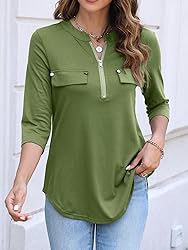Halife Womens Tops 3/4 Sleeve Zip Up Business
