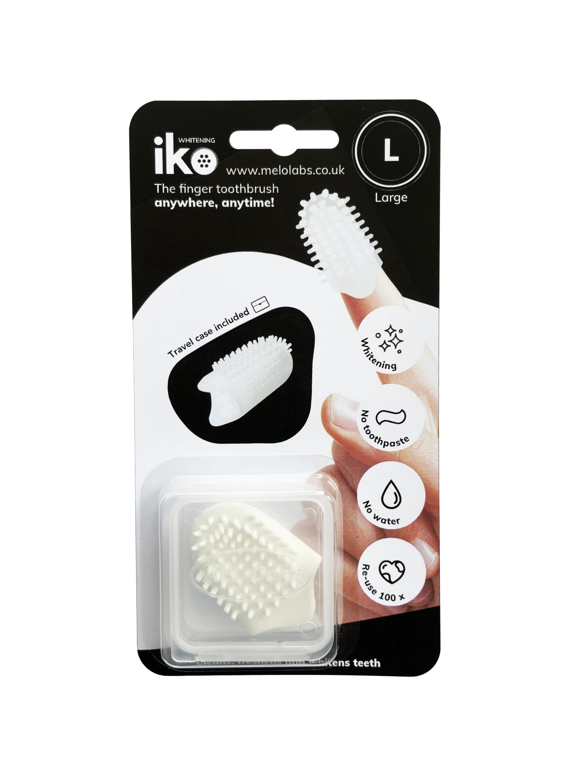 iKo Whitening Finger Toothbrush + Clear Case, Soft Touch, No Toothpaste or Water Needed, 100% Recyclable Eco Adult Home Dental Care, Mini Travel Oral Health Holiday Essential - Large 20mm Finger