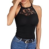 KIFOVEN Women's Halter Tops Lace Cut Out Spaghetti Strap Sleeveless Camisole Sexy Tank Top