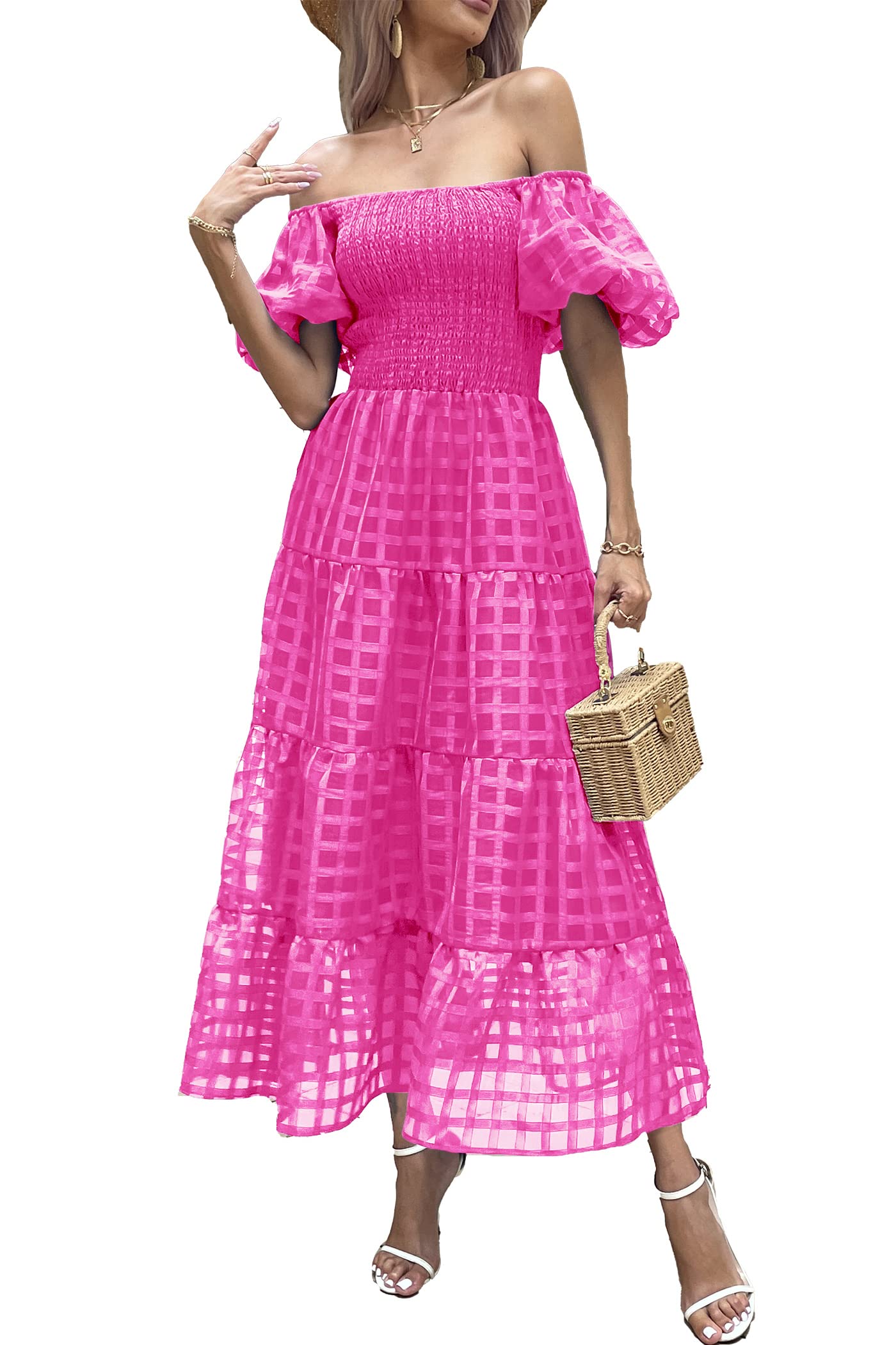 Photo 1 of PRETTYGARDEN Women's Casual Summer Dress Puffy Short Sleeve Square Neck Smocked Tiered A Line Maxi Long Dresses (Plaid Rose Red,XX-Large)