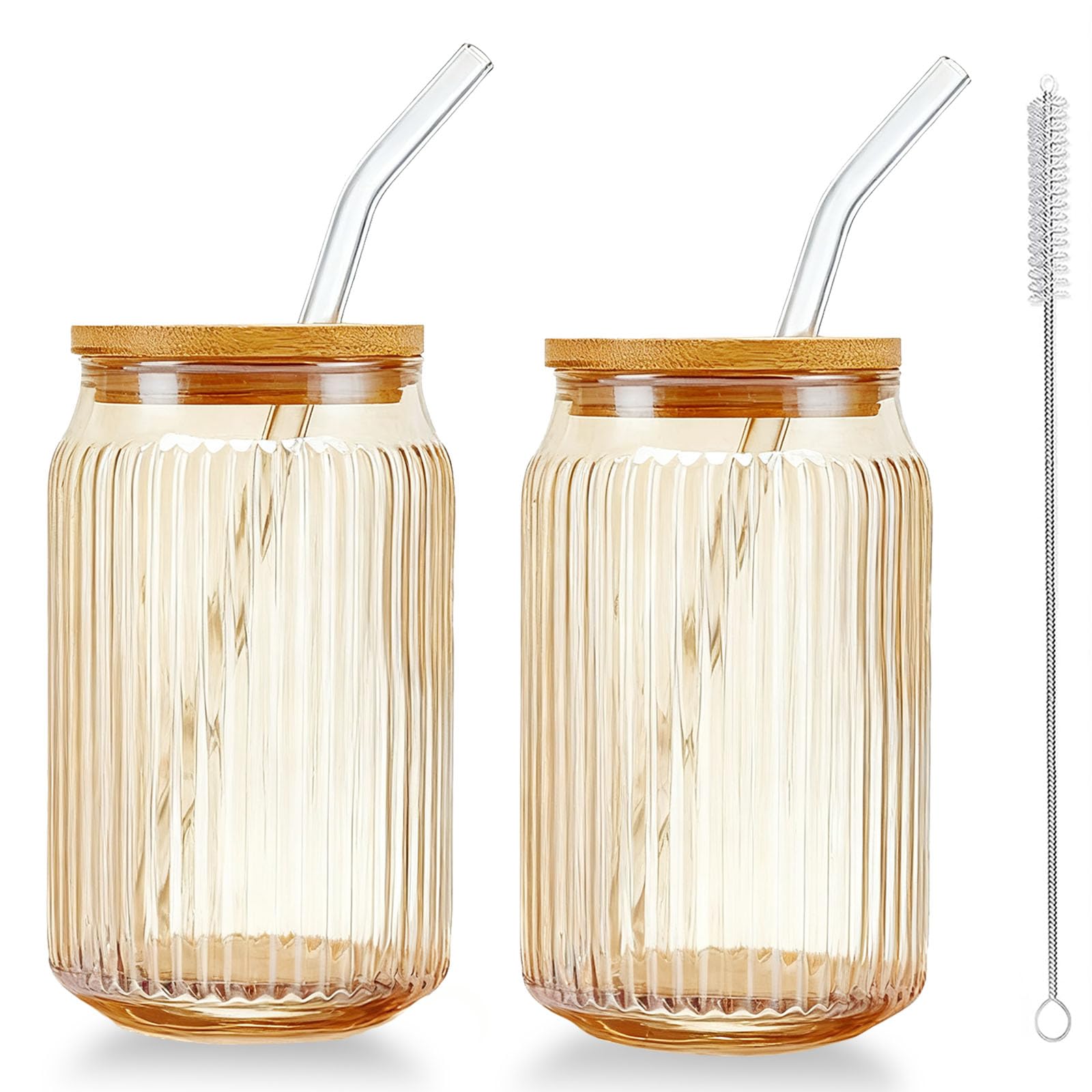 Photo 1 of 2 PCS Glass cups with Lids and Straws, 16 OZ Iced Coffee Cups, Ribbed Glass Tumbler with Straw and Bamboo Lid, Thick Drinking Beer Glasses for Coffee, Juice, Match Cup with Cleaning Brush (Yellow)