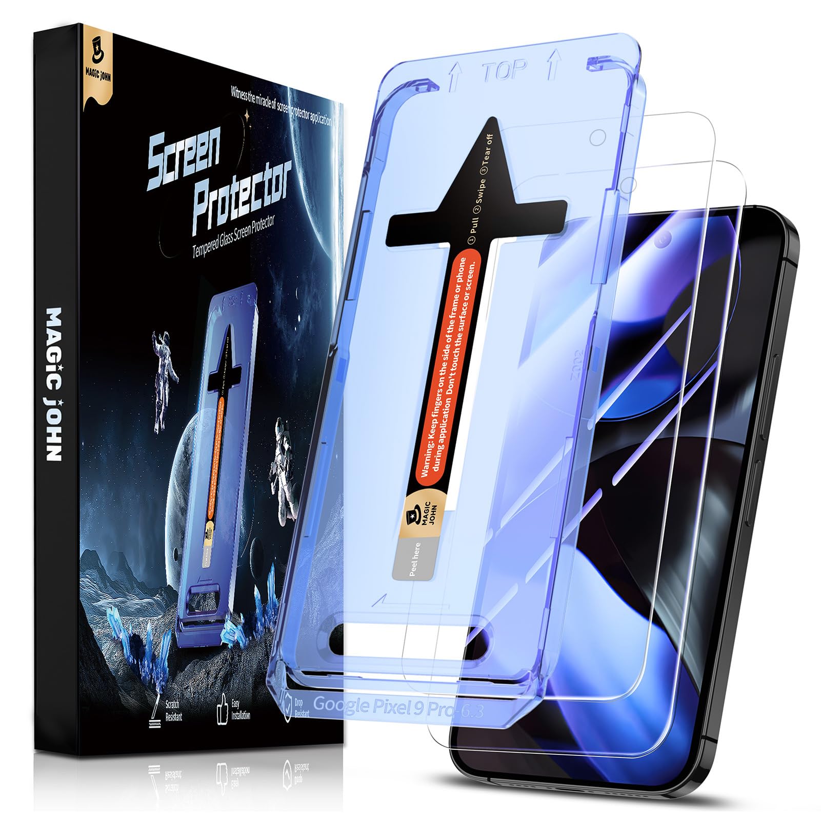MAGIC JOHN 2 Pack for Google Pixel 9/9 Pro Screen Protector, HD Tempered Glass Screen Protector with Dust Free Installation Tool, HD Screen, Anti- Scratch, Easy Installation