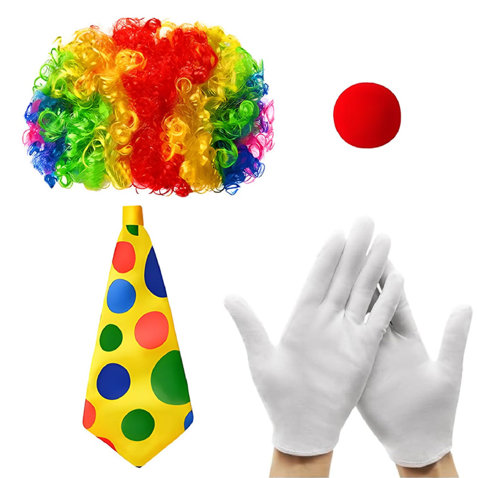 PSFXBM 4 Pcs Clown Costume Set, Clown Nose Clown Wig Clown White Gloves Clown Bow Tie, Rainbow Wig, for Halloween Cosplay Theme Party for Adults Kids Carnival Cosplay Pretend Play Circus Party Props