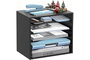 SHARKWOODS 5-Tier Wood Desk Organizer, Paper Tray Organizer for Desk with Adjustable Storage Shelves, Desktop Paper Sorter Mail Holder for Office Home Classroom, Black
