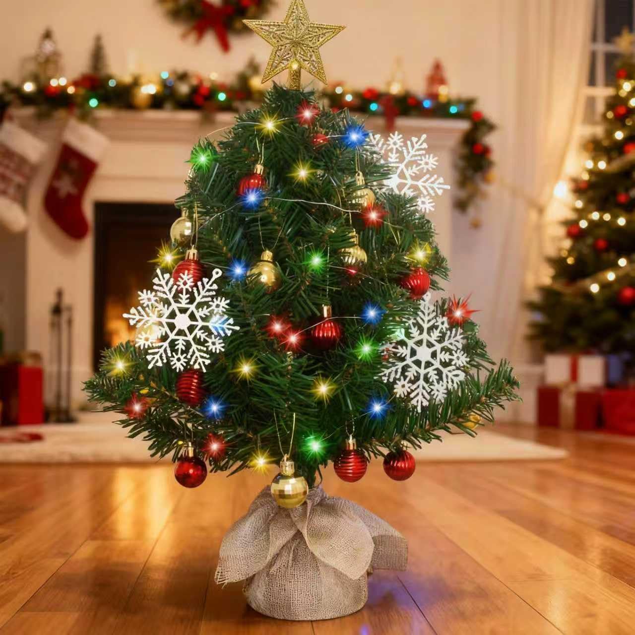 Photo 1 of 23.6 Inch Mini Christmas Tree, Small Christmas Tree with Star Topper, and Hanging Ornaments, Artificial Xmas Tabletop Tree with Burlap Base for Holiday DIY Home Christmas Decoration Gift (Green)