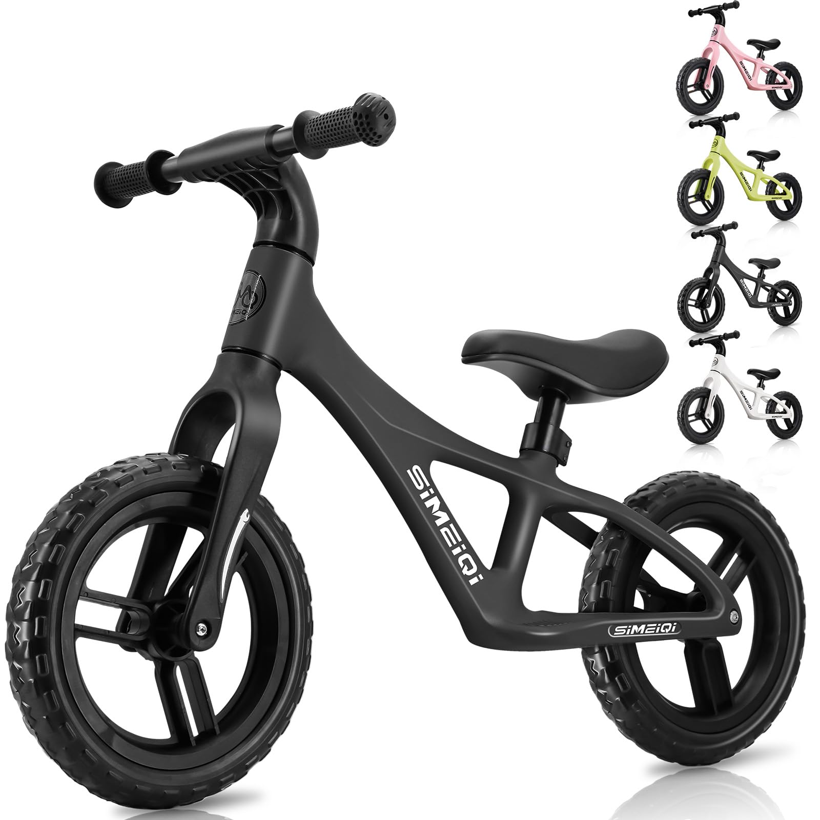 SIMEIQI 12 Inch Kids Balance Bike for Boys Girls Ages 2-5 Years Old Sports Training Lightweight Fibreglass Nylon Frame Balance Bike Adjustable Seat (Black)