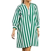 Womens Striped Mini Dress V Neck Casual Summer 3/4 Lantern Sleeves Loose Beach Tunic Shift Dresses