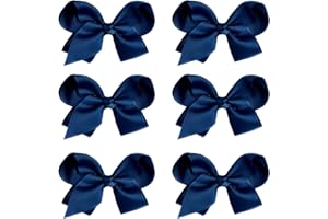 JUCCPUL 6 PCS Hair Bows for Girls - 4.5" Alligator Clips with Grosgrain Ribbon, Solid Colors, Toddler Hair Accessories (Navy Blue)