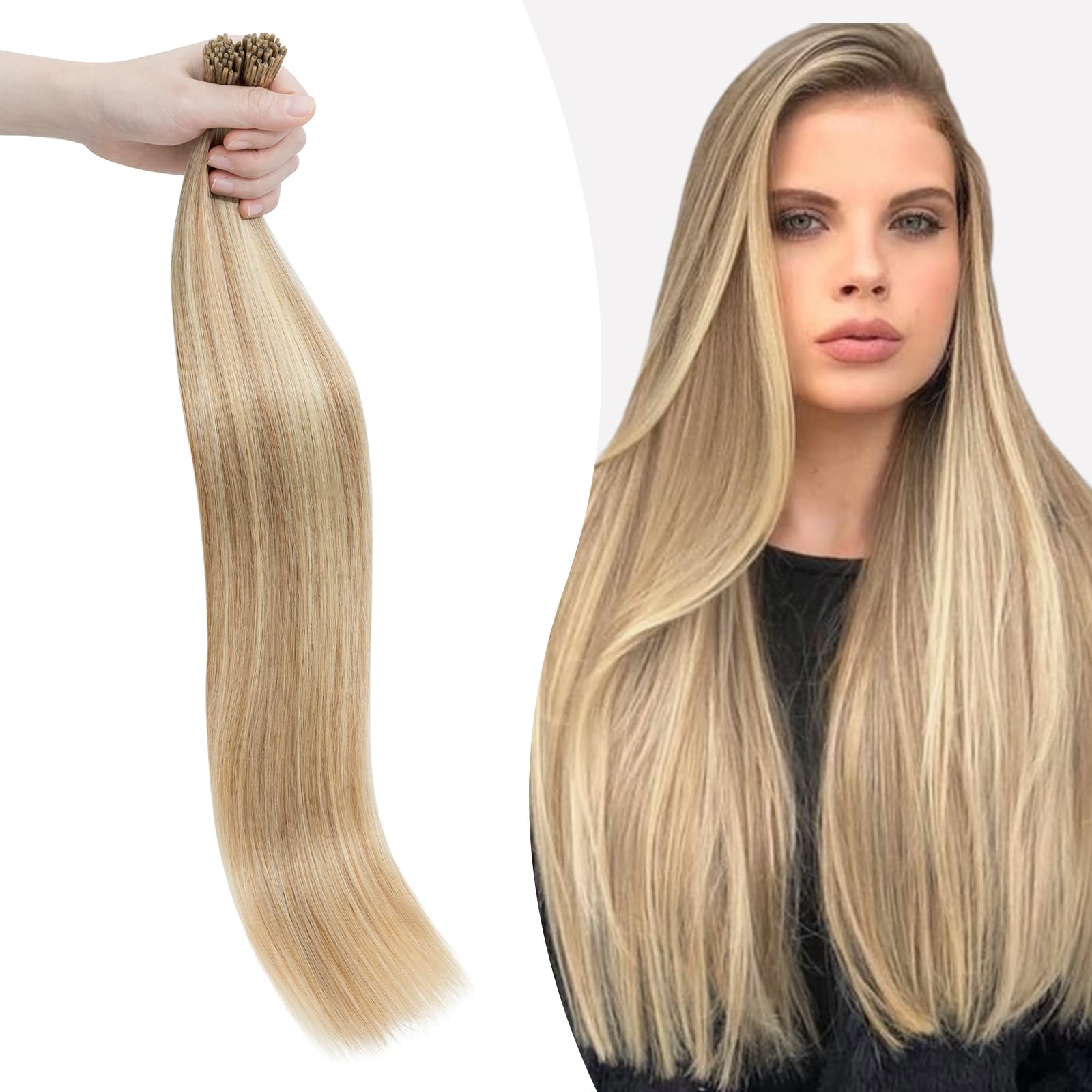 Silk-co I Tip Human Hair Extensions 1g/strand 50 Strands Pre Bonded Stick Tip Keratin Real Remy Hair Extension Straight(16inch, 12P613 Golden Brown&Bleach Blonde?