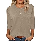 3/4 Length Sleeve Womens Tops Crew Neck Buttons Henley Shirts Tunic T Shirts Loose Fit Work Blouses 2025 Fall Trendy