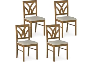 Giantex Wooden Dining Chairs Set of 4, Farmhouse Upholstered Kitchen Chairs with Solid Rubber Wood Frame, Hollowed Backrest &
