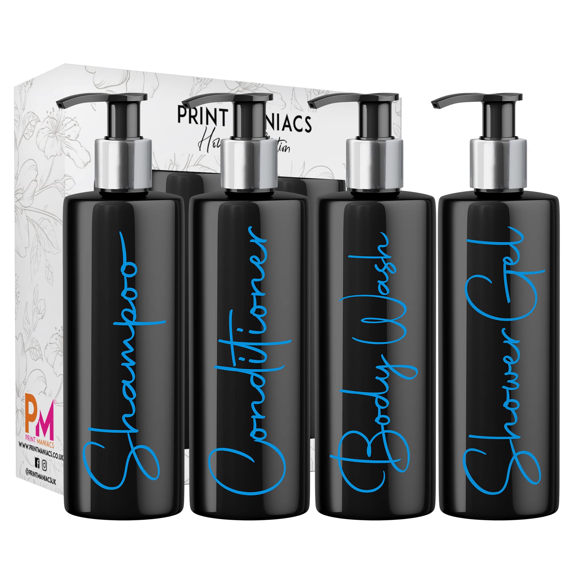 Print Maniacs Mrs Hinch Inspired Black Personalised Dispenser Silver Pump Bottles Shower Gel Set (BLUE, F2)