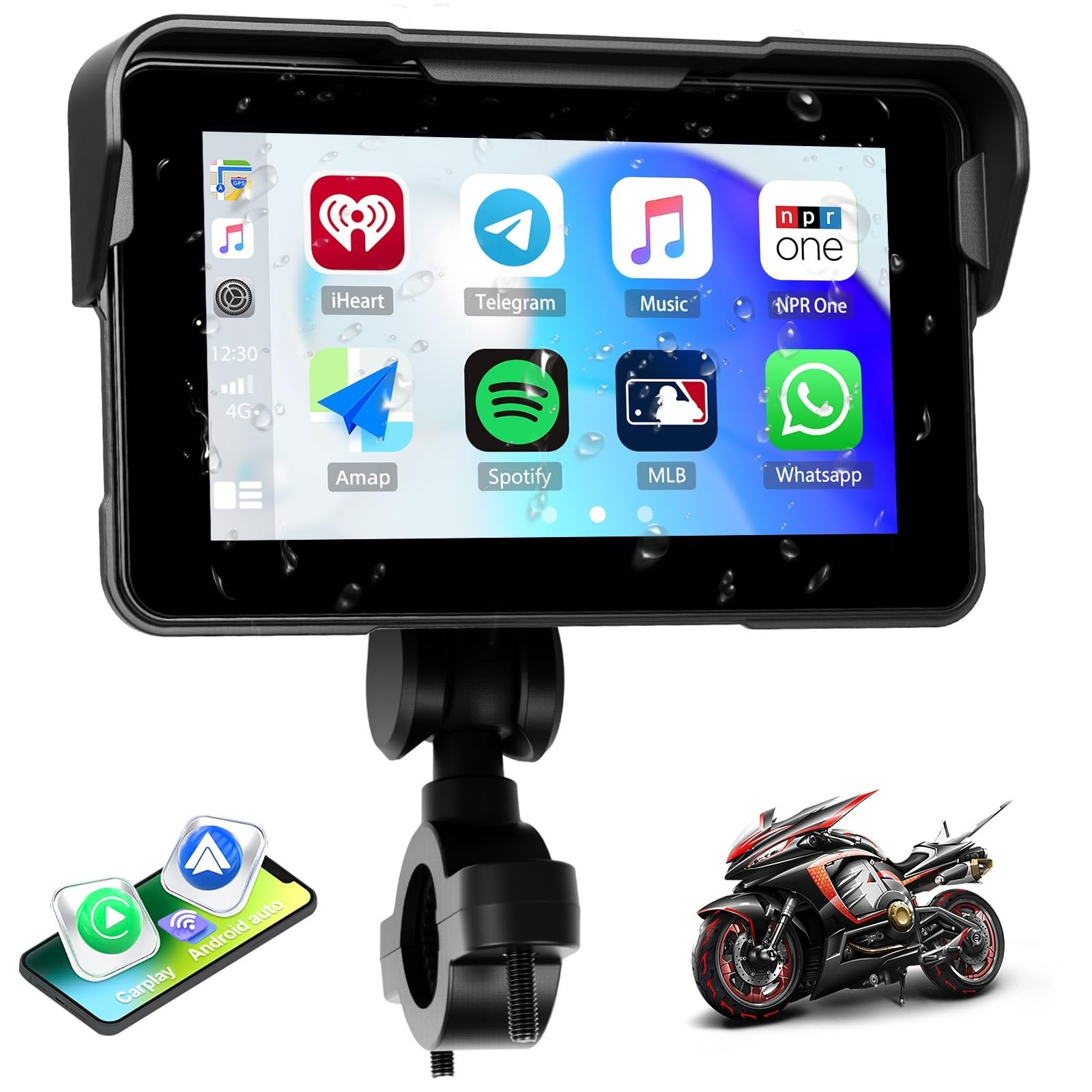 SIXTOP Removable Motorcycle CarPlay & Android Auto Screen, Wireless Apple Car Play Screen, Portable Car Stereo for Motorbike Moto, 5" Waterproof Touchscreen, Bluetooth Trans, Mirror Link, Siri