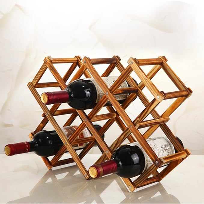 Hokipo Foldable Wooden Wine Rack Organizer Display Shelf, 45 X 31 X 12Cm, Capacity 10 Bottle (Carbonized Color,No Oil Paint)