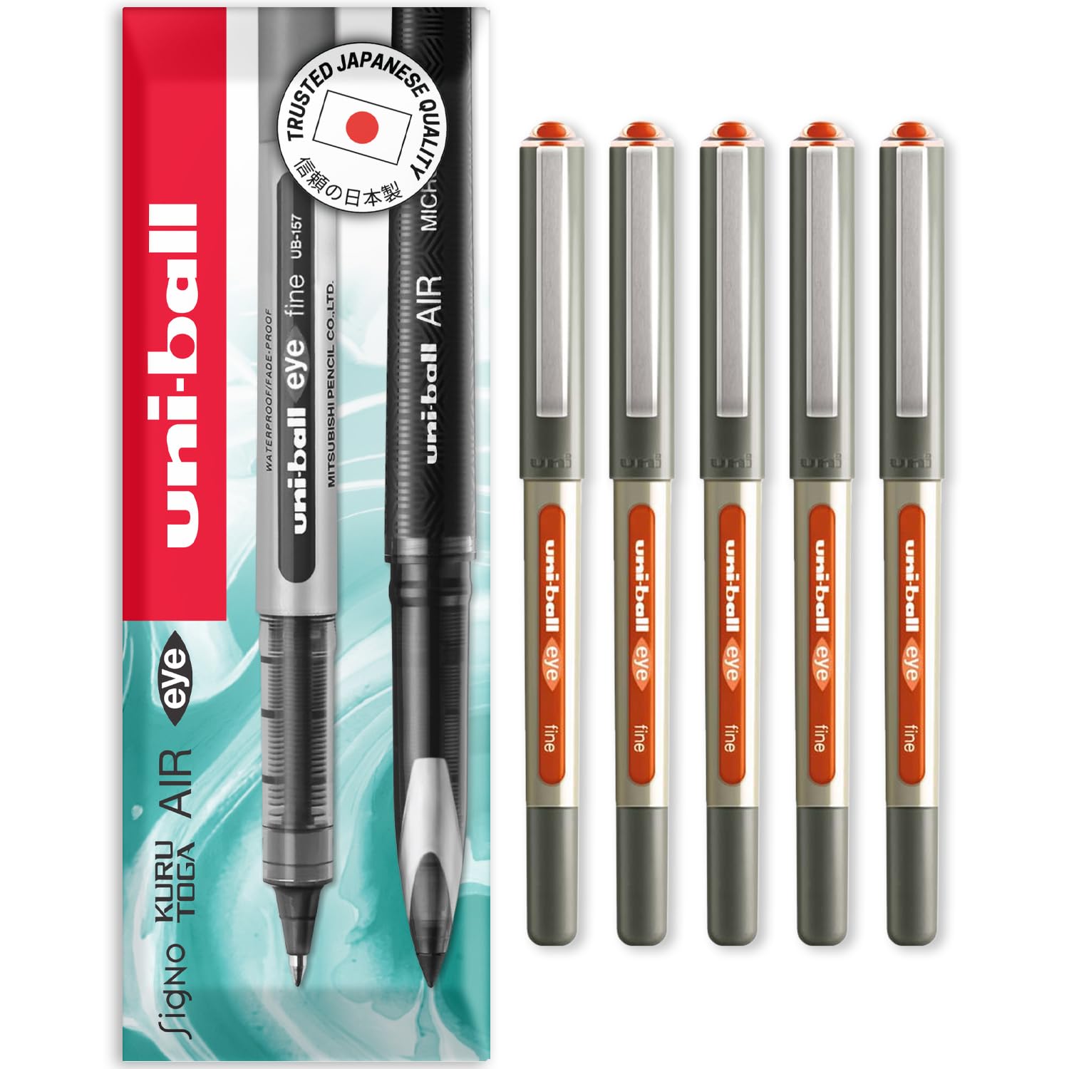 uni-ball EYE - UB-157E Rollerball Pens - 0.7mm Nib - In Envelope Gift Packaging (Pack of 5, Orange)