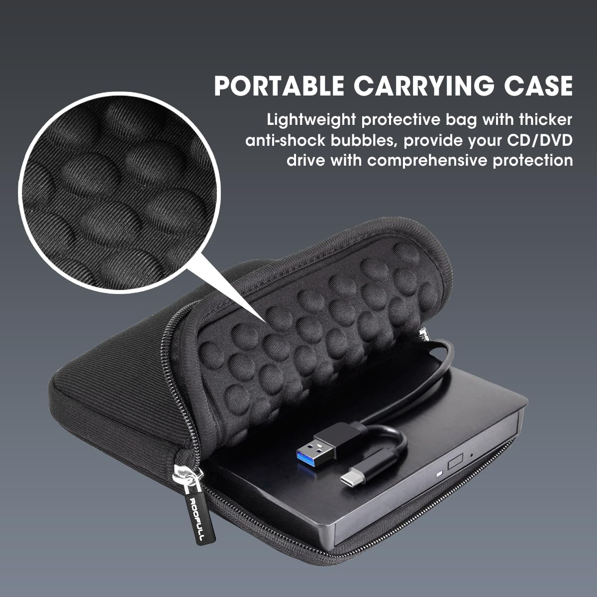 ROOFULL External CD DVD Drive with USB 3.0 Type-C Ports + SD Card Slot + Carrying Case for Laptop PC, CD DVD +/-RW Reader Writer Burner Player ROM Optical Disk Drive for Windows, Mac, Linux Computers