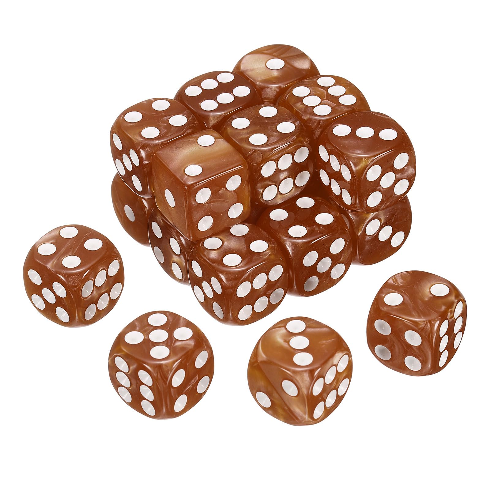 sourcing map 20Pcs 6 Sided Colored Standard Dice, Acrylic D6 Mini Polyhedral Pearl Pattern Game Dice Set for Table Games, Brown/White Point
