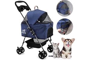 SKISOPGO Dog Cat Pet Gear 3-in-1 Foldable Pet Stroller Detachable Carrier, Car Seat and Stroller with Push Button Entry for Small Pets (Navy Blue)
