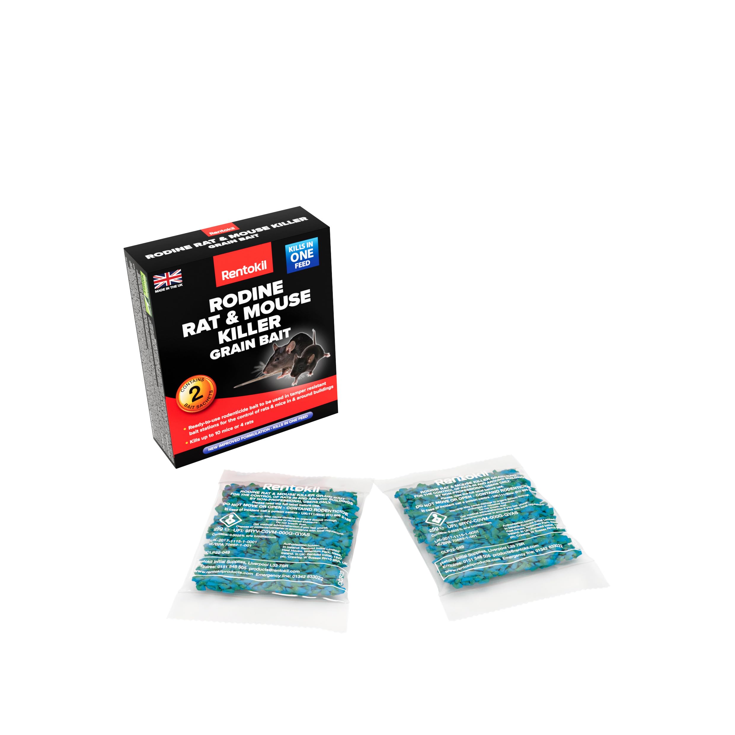 Rentokil Rodine Rat & Mouse Killer Grain Bait - 2x25g Sachet