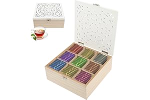 UKQRRTC Wood Tea Bag Organizer, Tea Packet Caddy 9 Compartments with Removable Dividers, Exquisite Carved Hollow Lid, Metal H